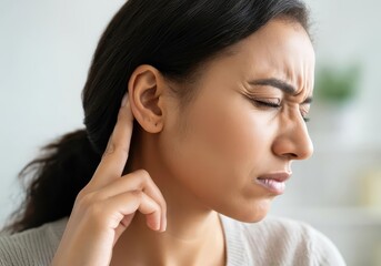 Young woman gently holding her ear in pain