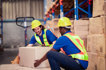 Two male laborers cooperate during heavy lifting, focusing on shipment accuracy and safety.