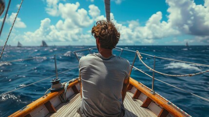 A contemplative man sits at the bow of a sailboat, gazing at the tranquil ocean views, encapsulating the essence of serenity and solitude in nature's embrace.