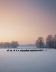 Flock of birds gracefully moving across a snowy landscape at dawn, surrounded by frosted trees and a pastel sky, capturing the serene beauty of winter wildlife