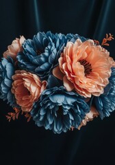 Serene Bloom: Floral Arrangement for Design - Elegant bouquet, peach and blue tones, soft petals, lush texture, serene atmosphere. Symbolizes tranquility, beauty, balance, harmony, and renewal