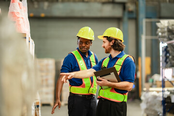 Industrial team reviews work layout via  card board while standing in a warehouse aisle, talking with his coworker in logistic industry.