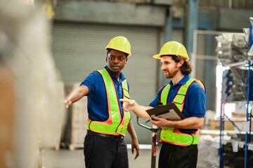 Engineer holds a card board while explaining the factory layout to a colleague in an industrial warehouse aisle.