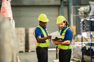 Supervisor points at card board showing the factory blueprint while giving directions in the warehouse.