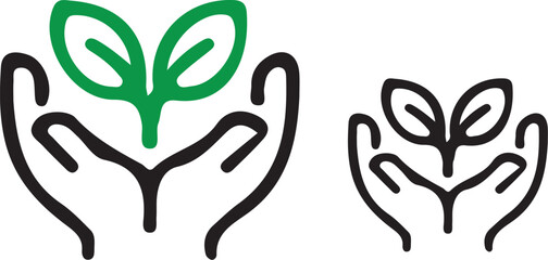 Hand holding plant icon. Leaves in hand pictogram. Ecology care symbol. Tree growth sign. Eco concept illustration.