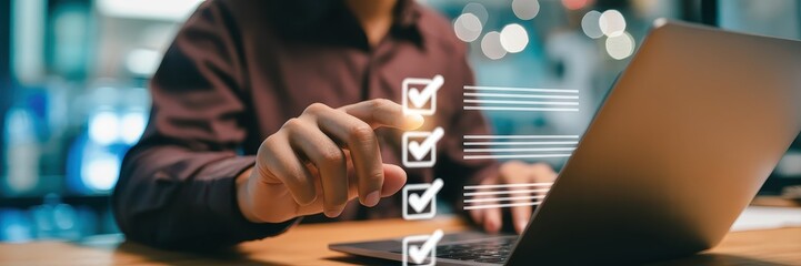 Person interacting with a holographic checklist on a laptop.