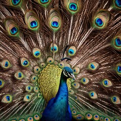 Obraz premium Majestic Peacock Displaying Its Full Plumage, Showcasing Intricate Patterns and Vibrant Colors.