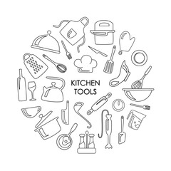 Vector hand-drawn kitchen tools in round shape. Dishes and other items related to the kitchen are isolated on a white background. Can be used for decoration, design, packaging, menu. Linear icons