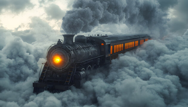 A haunted train speeding through a void, white background