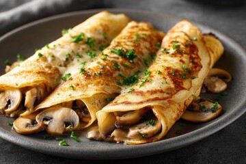 Three savory crepe rolls filled with mushrooms and cheese.