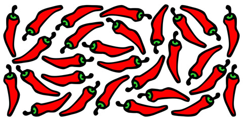 Vector color horizontal banner with the image of many red hot ripe peppers on a white isolated background