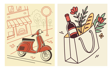 Naive drawing set of two vector images for Italian lifestyle decor: vintage scooter and shopping bag with wine and bread