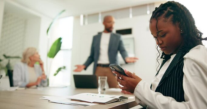 Business woman, meeting or distraction with phone for noise, disruption or interruption at office. Female person, bad employee or colleague with mobile smartphone in team or group speech at workplace