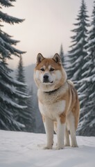 Majestic dog standing in a snowy landscape surrounded by evergreen trees, showcasing its thick fur coat and alert expression in a serene winter environment