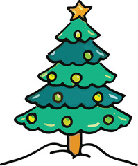 Festive Cartoon Christmas Tree with Star and Colorful Ornaments in Snow