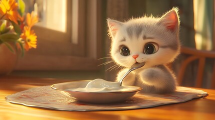 Feed the cat with yogurt from a spoon at home