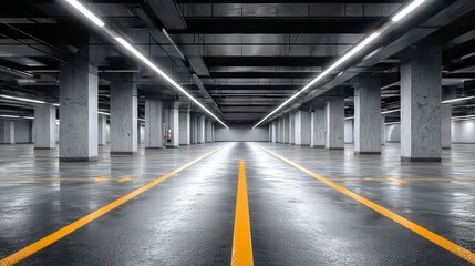 Abstract Industrial Garage Concept with Concrete Columns, Rows of Lights, and Empty Space Visuals