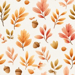 Obraz premium watercolor seamless pattern of autumn leaves and acorns in pastel orange, brown, and blush tones