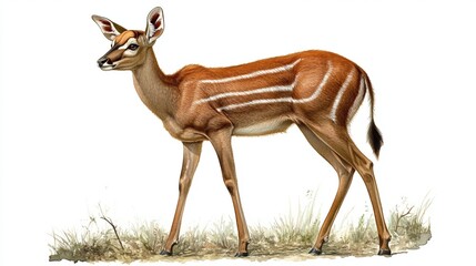 Watercolor painting of a full-body young antelope with white stripes on its head and neck