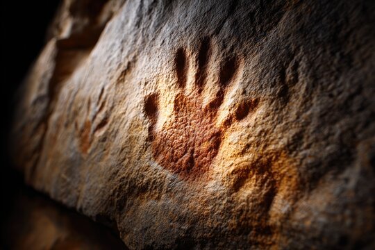 Ancient handprint carving on cave wall.