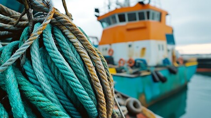 Fishing boat rope coil closeup with selective focus
