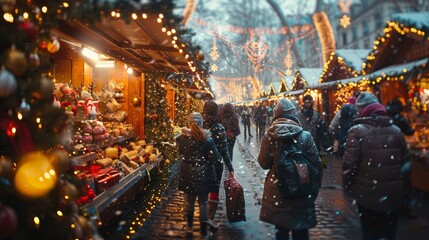 A snowy winter market bustles with people shopping for festive goods, illuminated by lights and decorations, creating a joyful atmosphere for sharing holiday spirit and warmth.