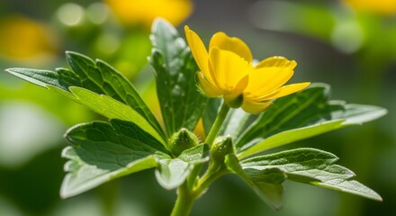 Obraz premium Yellow Flower Spring Bloom - Close-up of a vibrant yellow flower with lush green leaves, bathed in sunlight. Perfect for spring themes