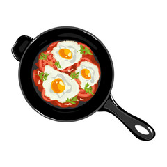 Fried egg with tomatoes and greens ia a fryer pan. Shakshuka. Healthy breakfast concept