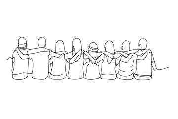 Continuous one line drawing of diverse group of friends together.