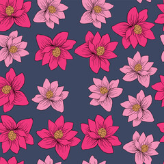 Seamless blooming floral pattern based on hand drawn art ornaments. Colorful flowers, leaves, plants on color background. Vector illustration. Simple minimalistic pattern for fabric, textile.