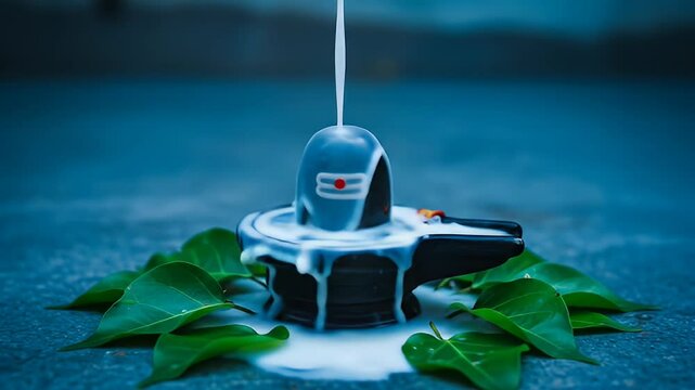 Black Shiva Lingam Statue with White Milk Pouring Ceremony Surrounded by Green Leaves and Stone Offering Sacred Hindu Ritual
