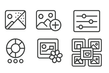 Photo Filter Icons. Line style icons of photo filters: noise reduction icon, clarity boost icon, tone mapping tool, color grading