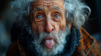 A joyful elderly man with wild grey hair and vibrant eyes playfully sticking out his tongue, showcasing a moment of spontaneity and humor that brings smiles to those around him.