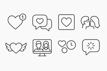 Dating Icons Collection. Line style icons of dating: liked you notification, private chat icon, photo match heart, first kiss