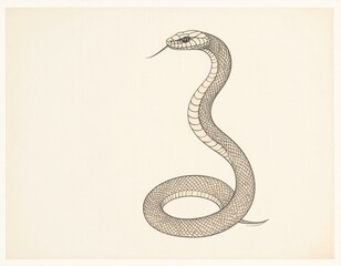 Fototapeta premium Detailed Line Drawing of a Cobra Snake in a Coiled Position Isolated on a Light Beige Background