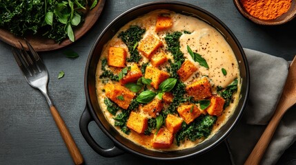 A beautiful presentation of roasted pumpkin cubes and kale in a creamy sauce, perfect for healthy dining, showcasing vibrant colors and fresh seasonal ingredients.