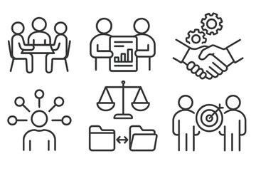 Teamwork Line Icons. Line style icons of teamwork: working session icon, collaborative report, co-creation board, balance chart,