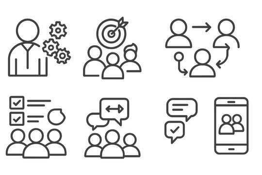 Collaboration Icons Set. Line style icons of collaboration: team role icon, shared goals, project phase icon, synced updates,