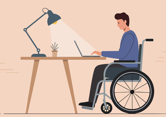 Illustration of a young man in a wheelchair working on a laptop at a desk, emphasizing inclusivity and productivity