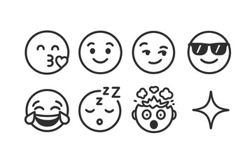 Line Style Emoji Icons. Line style icons of stickers and emojis: kissing face, blushing emoji, smirk expression, cool sunglasses,