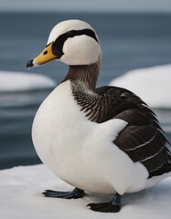 Elegant duck standing on ice near water, showcasing its distinctive plumage and vibrant colors, embodying the beauty of wildlife in a serene natural environment
