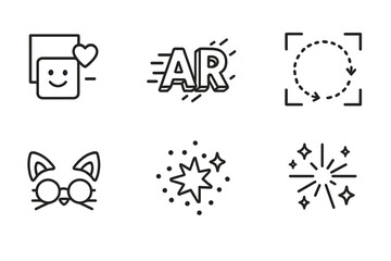 AR Effects Icons. Line style icons of AR effects: interactive stickers, animated 3D text, pop-up icons, motion-tracked elements,