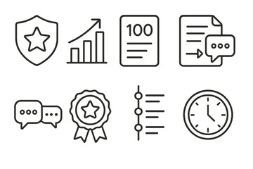 Online Community Icons. Line style icons of online communities: milestone badge, participation tracker, post counter, thread