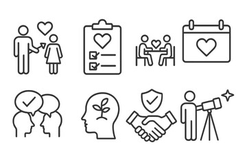 Relationship Goals Icons. Line style icons of goal setting: relationship goals, heart tracker, quality time, date icon, shared