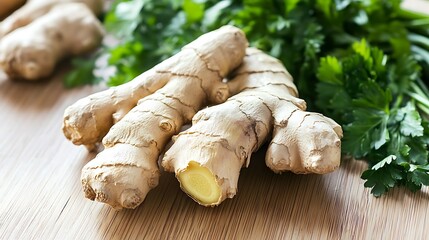 Food preparation on a wooden kitchen work surface with parsley and root ginger high key lighting