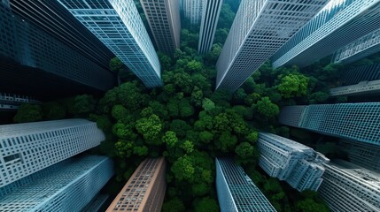 This stunning aerial image showcases a dense patch of lush green trees perfectly nestled between towering skyscrapers in an urban landscape, symbolizing nature's resilience.