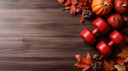 A cozy gym setup featuring red dumbbells among autumn decorations, combining fitness and seasonal charm, showcasing the balance of health and festive spirit.