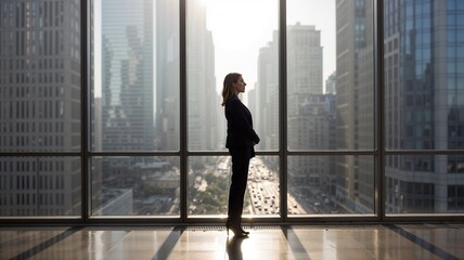Fototapeta premium Confident Businesswoman Silhouetted Against Dramatic City Skyline at Sunset
