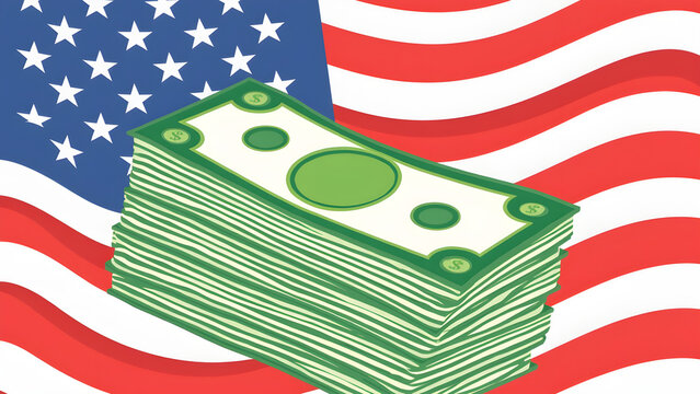 Stack of US Dollar Bills with American Flag Background Illustration for Finance and Economy Concepts