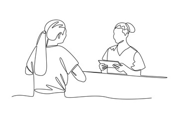 Simple continuous line draw of guest approach the receptionist. Hand drawn style vector design illustrations. Call center minimalist concept.